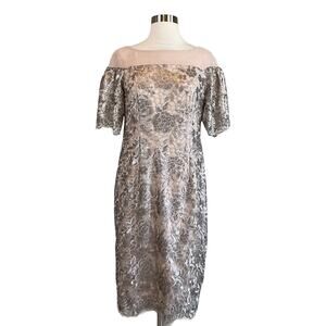 Calvin Klein Women's Cocktail Dress Size 6 Gold Sequin Lace Short Sleeve Sheath